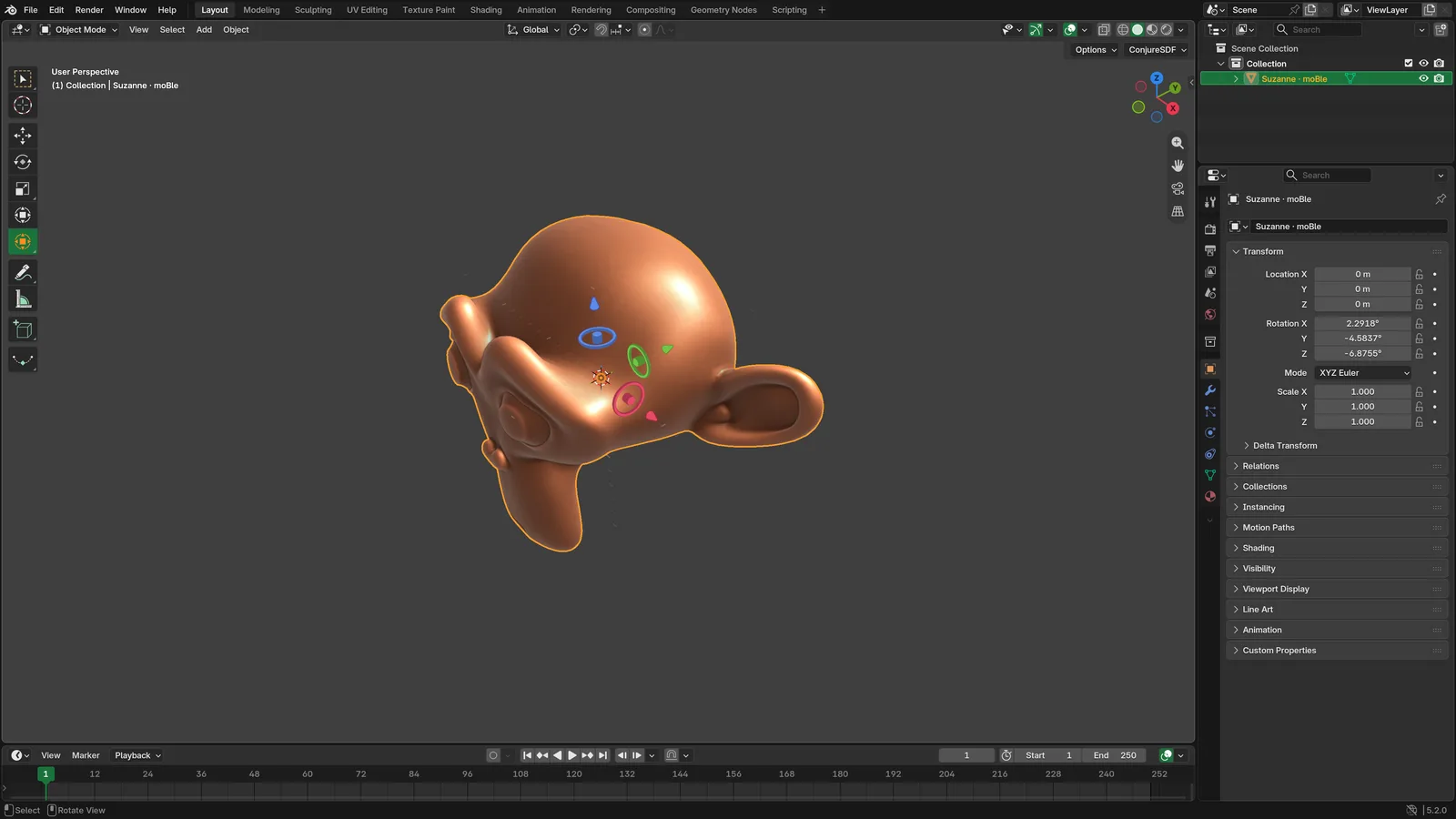 A real Blender 5.2 screen showing the moGiz transform gizmo active on a neutral-material Suzanne model in the moBle Dark theme